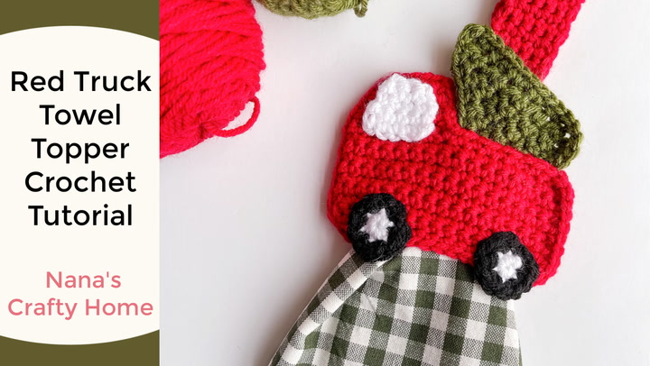 Happy Holidays hanging towel with red truck and black lab with matching Christmas crocheted topper