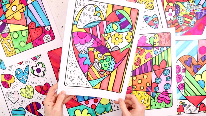 Romero Britto Inspired Heart Art with Drawing Prompts - Arty Crafty Kids