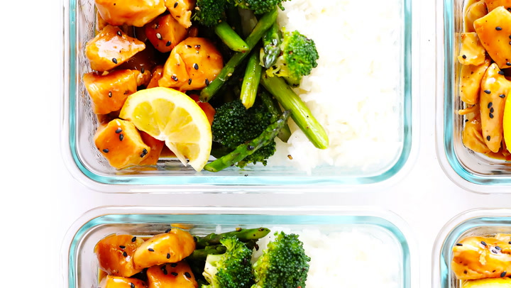Meal Prep Lunch Bowls with Spicy Chicken, Roasted Lemon Broccoli